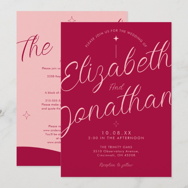 Pink Fuchsia Retro Modern Bold All In One Wedding Invitation (Front/Back)