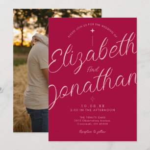 Pink Fuchsia Retro Modern Minimalist Photo Wedding Invitation
