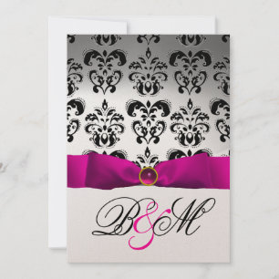 PINK FUCHSIA RIBBON GOLD BLACK DAMASK MONOGRAM INVITATION