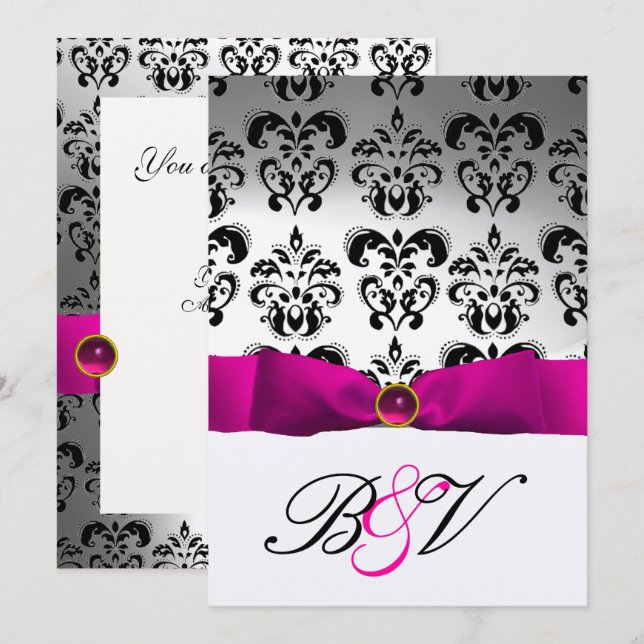 PINK FUCHSIA RIBBON SILVER BLACK  DAMASK MONOGRAM INVITATION (Front/Back)