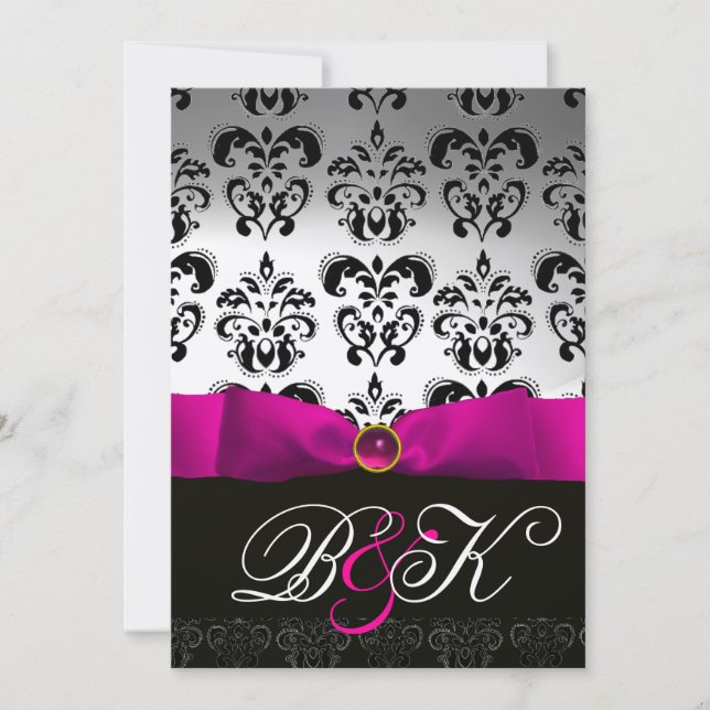 PINK FUCHSIA RIBBON WHITE BLACK  DAMASK MONOGRAM INVITATION (Front)