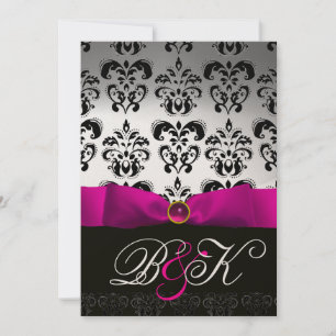 PINK FUCHSIA RIBBON WHITE BLACK  DAMASK MONOGRAM INVITATION