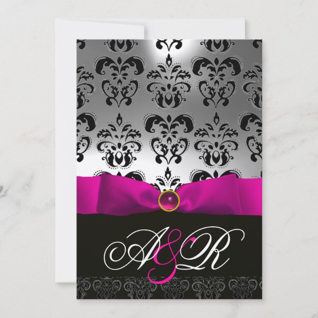 PINK FUCHSIA RIBBON WHITE BLACK  DAMASK MONOGRAM INVITATION (Front)