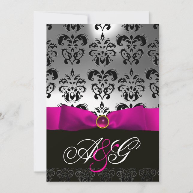 PINK FUCHSIA RIBBON WHITE BLACK  DAMASK MONOGRAM INVITATION (Front)