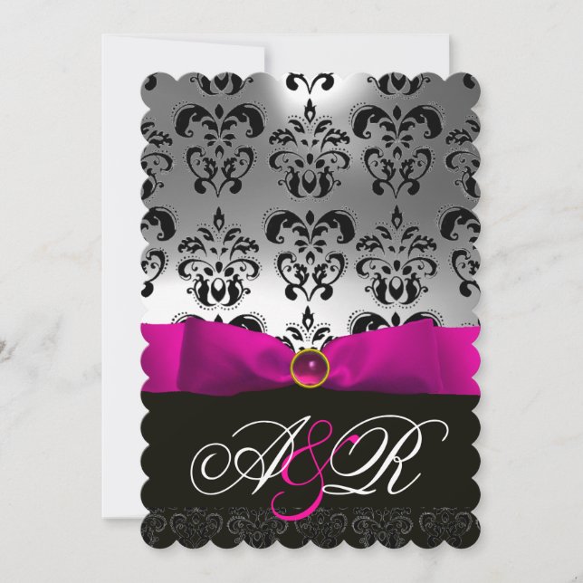 PINK FUCHSIA RIBBON WHITE BLACK  DAMASK MONOGRAM INVITATION (Front)