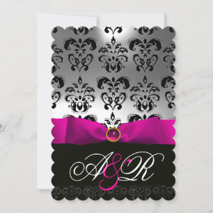 PINK FUCHSIA RIBBON WHITE BLACK  DAMASK MONOGRAM INVITATION