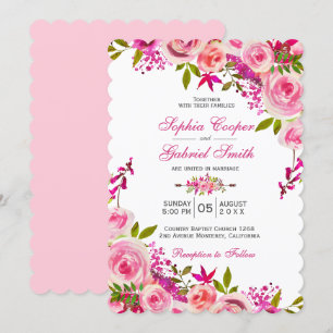 Pink Fuchsia Rose Botanical Floral Wedding Invitation