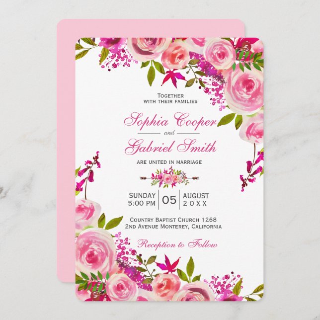 Pink Fuchsia Rose Botanical Floral Wedding Invitation (Front/Back)