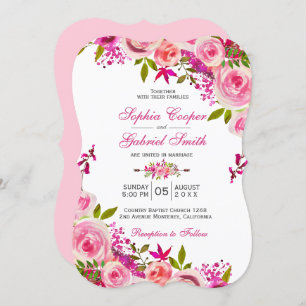 Pink Fuchsia Rose Botanical Floral Wedding Invitation