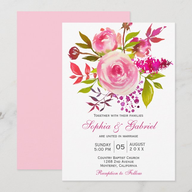 Pink Fuchsia Rose Botanical Floral Wedding Invitation (Front/Back)