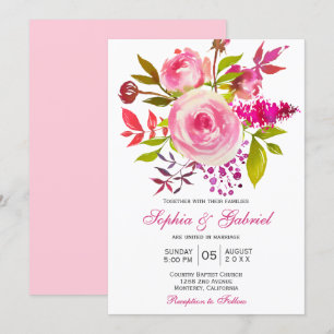 Pink Fuchsia Rose Botanical Floral Wedding Invitation