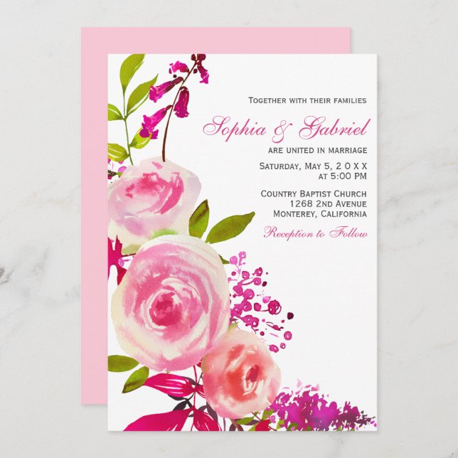 Pink Fuchsia Rose Botanical Floral Wedding Invitation (Front/Back)