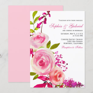 Pink Fuchsia Rose Botanical Floral Wedding Invitation