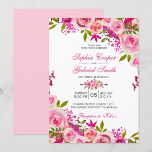 Pink Fuchsia Rose Botanical Floral Wedding Invitation