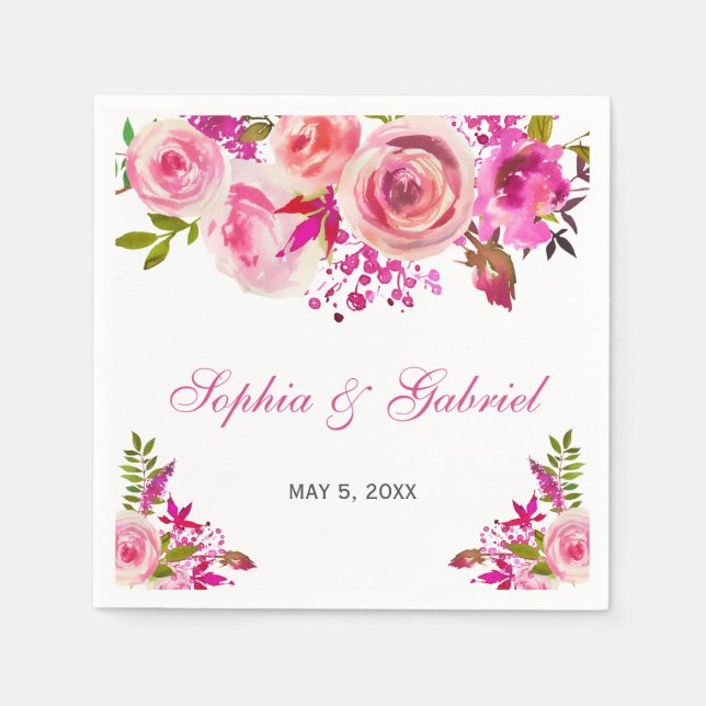 Pink Fuchsia Rose Botanical Floral Wedding Napkin (Front)