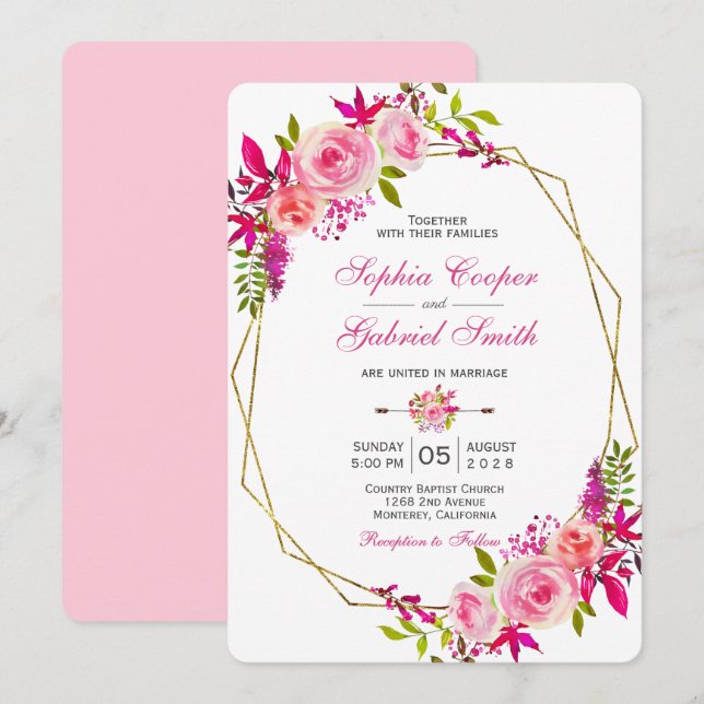 Pink Fuchsia Rose Floral | Gold Frame Wedding Invitation (Front/Back)