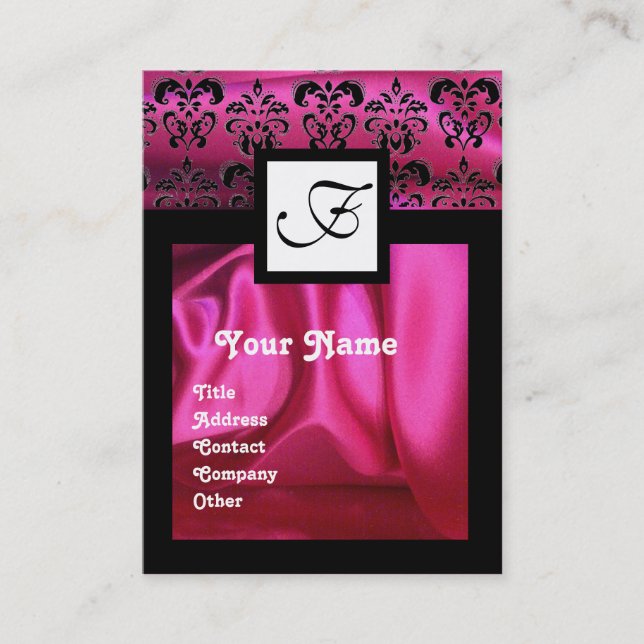 PINK FUCHSIA SILK DAMASK CLOTH ,SQUARE MONOGRAM BUSINESS CARD (Front)