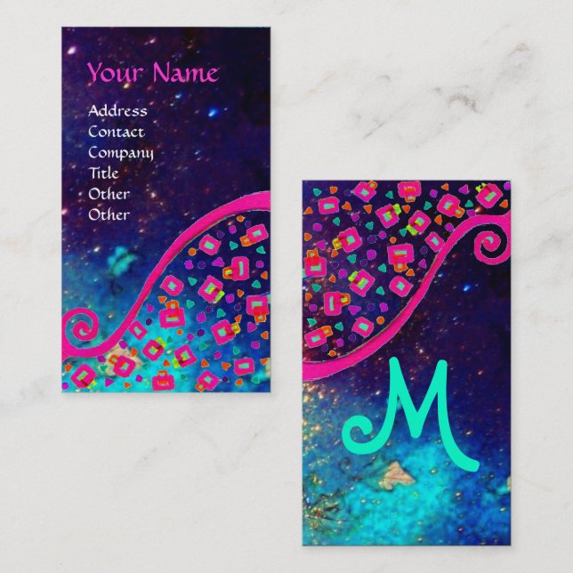 PINK FUCHSIA TURQUOISE BLUE ABSTRACT DECO MONOGRAM BUSINESS CARD (Front/Back)