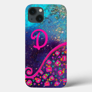 PINK FUCHSIA TURQUOISE BLUE ABSTRACT DECO MONOGRAM iPhone 13 CASE