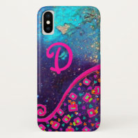 PINK FUCHSIA TURQUOISE BLUE ABSTRACT DECO MONOGRAM