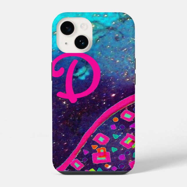 PINK FUCHSIA TURQUOISE BLUE ABSTRACT DECO MONOGRAM iPhone CASE (Back)