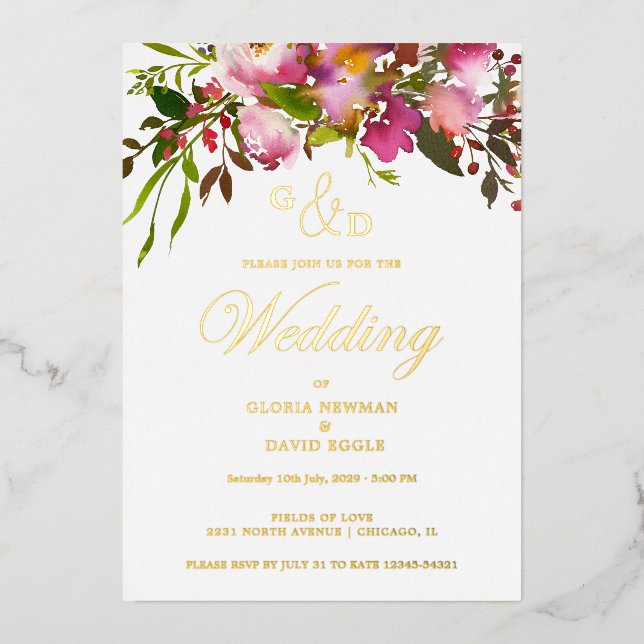 Pink Fuchsia  Wedding   Real Gold Foil Invitation (Front)