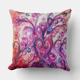 PINK FUCHSIA WHIMSICAL FLOURISHES WITH HEART CUSHION