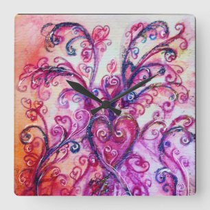 PINK FUCHSIA WHIMSICAL FLOURISHES WITH HEART SQUARE WALL CLOCK