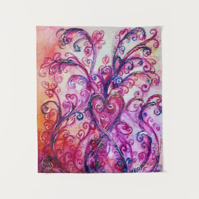 PINK FUCHSIA WHIMSICAL FLOURISHES WITH HEART TAPESTRY (Front)
