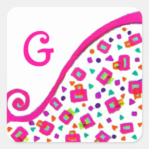PINK FUCHSIA WHITE ABSTRACT DECO MONOGRAM SQUARE STICKER