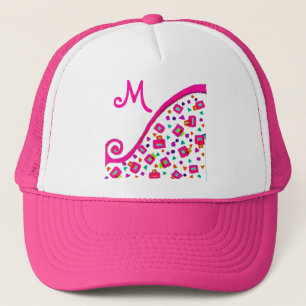 PINK FUCHSIA WHITE ABSTRACT DECO MONOGRAM TRUCKER HAT