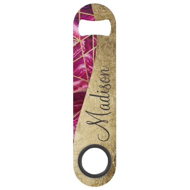 Pink Fuchsia White Agate Gold Geometric Monogram (Front)