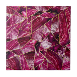 Pink Fuchsia White Agate Gold Geometric Triangles Tile