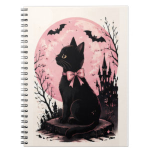 Pink Full Moon Castle Black Cat Notebook