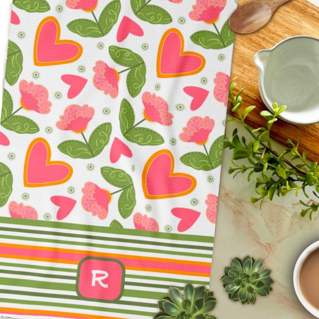 Pink Fun Chic Monogram Initial Floral Striped  Tea Towel (Creator Uploaded)