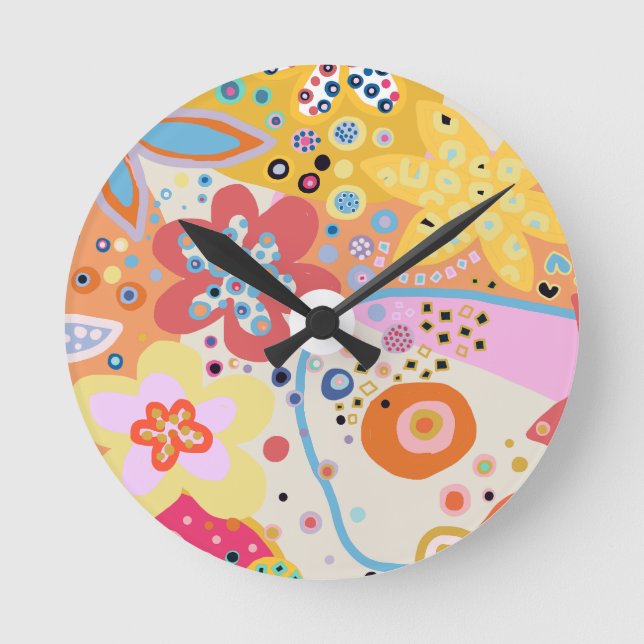 Pink fun colourful floral  round clock (Front)