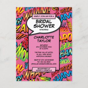 Pink Fun Modern Bridal Shower Comic Book Invitation Postcard