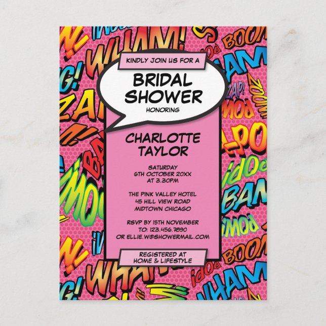 Pink Fun Modern Bridal Shower Comic Book Invitation Postcard (Front)