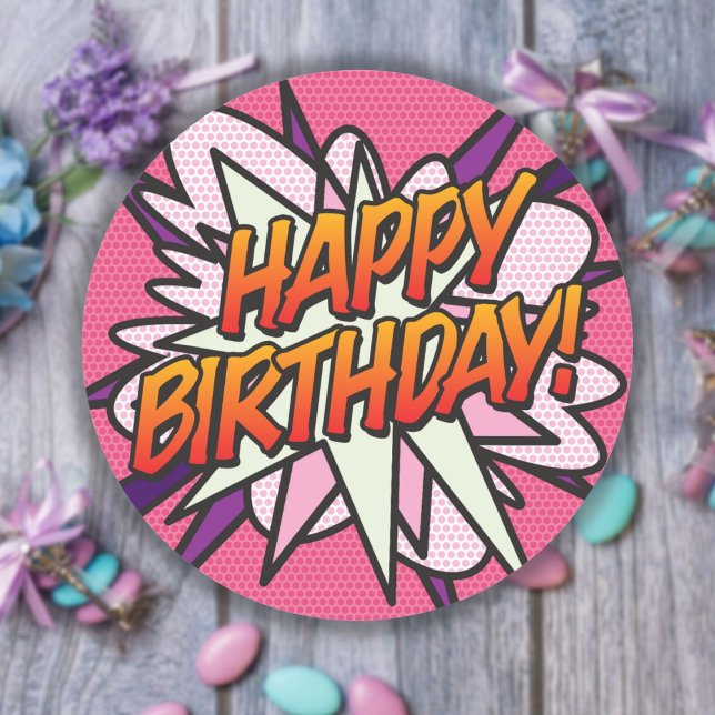 Pink Fun Modern HAPPY BIRTHDAY Classic Round Sticker (Creator Uploaded)