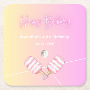 Pink Fun Pickleball 30th Birthday Party Square Paper Coaster