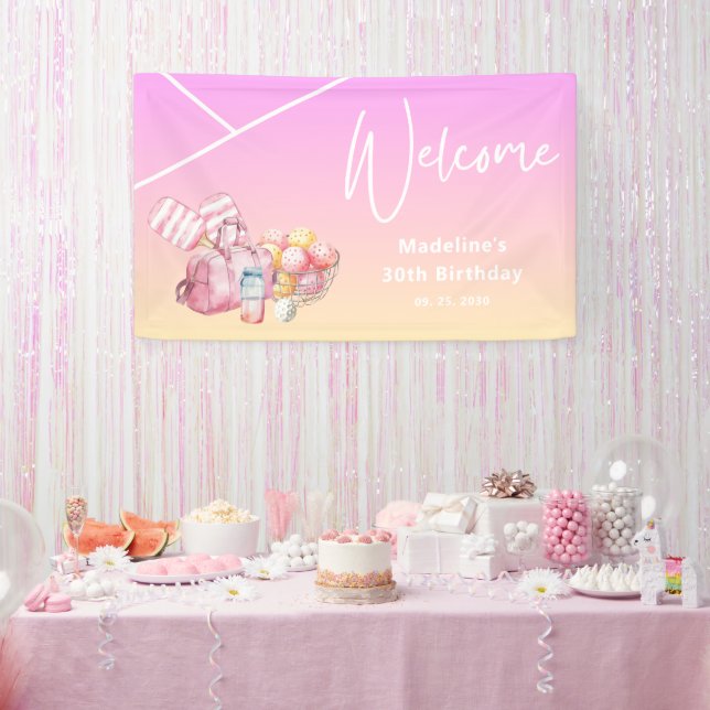 Pink Fun Pickleball 30th Birthday Party Welcome Banner (Party)