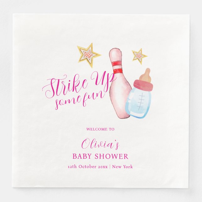 Pink Fun Strike Up Bowling Baby Shower Welcome Napkin (Front)