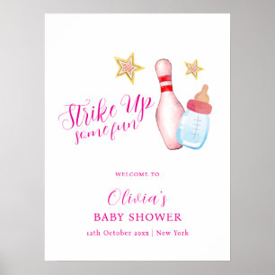 Pink Fun Strike Up Bowling Baby Shower Welcome Poster
