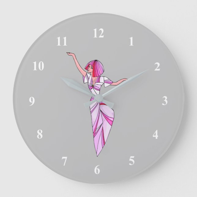 Pink funky dancer girl with pink hair large clock (Front)