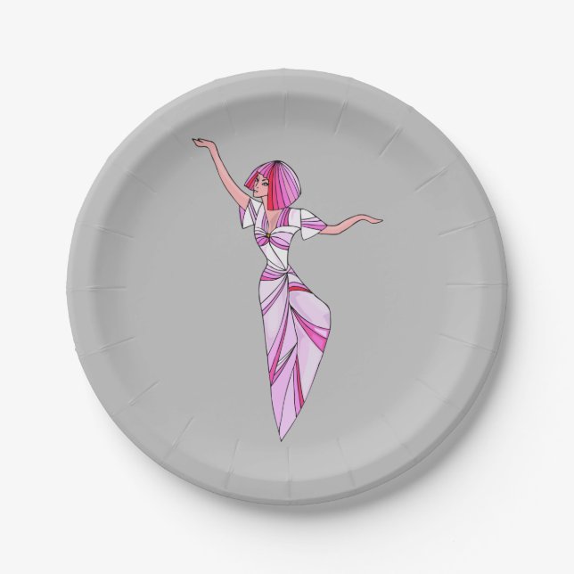 Pink funky dancer girl with pink hair paper plate (Front)