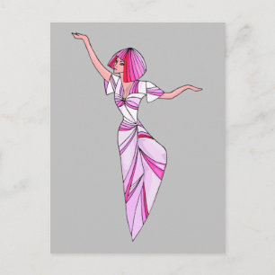 Pink funky dancer girl with pink hair postcard