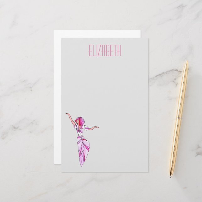 Pink funky dancer girl with pink hair stationery (Front/Back In Situ)