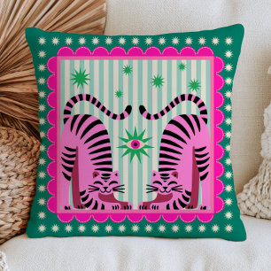 Pink Funky Tigers on Green Maximalist Dopamine Cushion