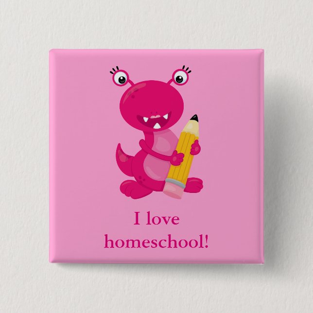 Pink funny homeschool monster 15 cm square badge (Front)
