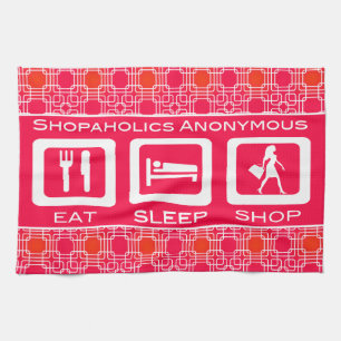 Pink Funny Shopaholic Eat Sleep Shop Award Tea Towel